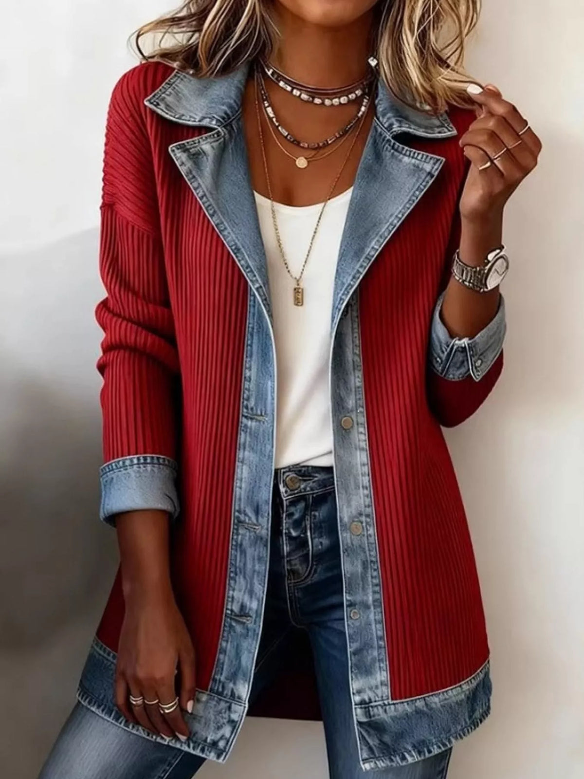 Full Size Denim Trim Ribbed Knit Cardigan Plus Size