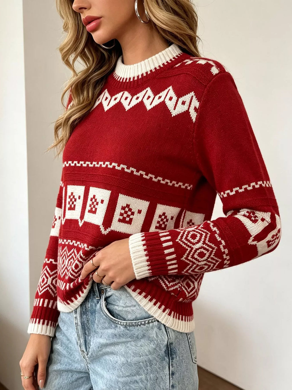 Christmas Festive Fair Isle Patterned Crew Neck Sweater