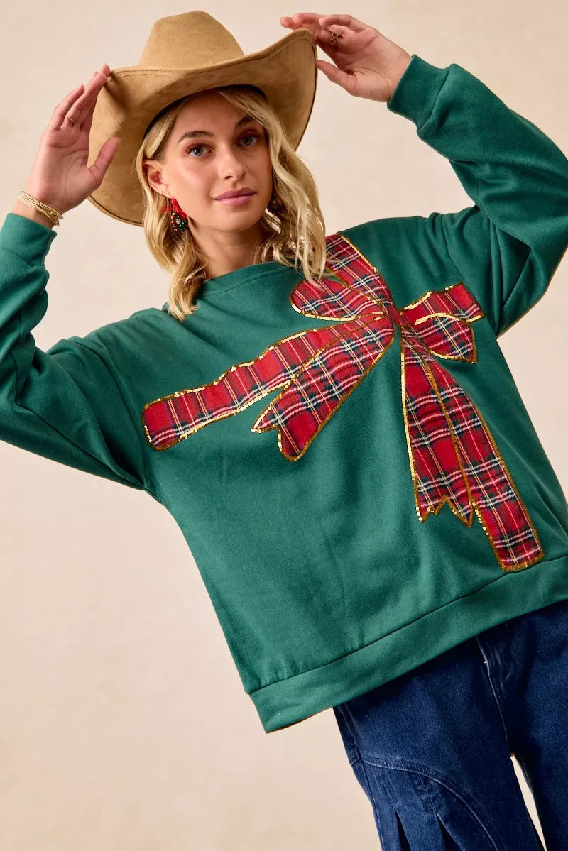 BiBi Plaid Ribbon Bow Detail Christmas Fleece Pullover