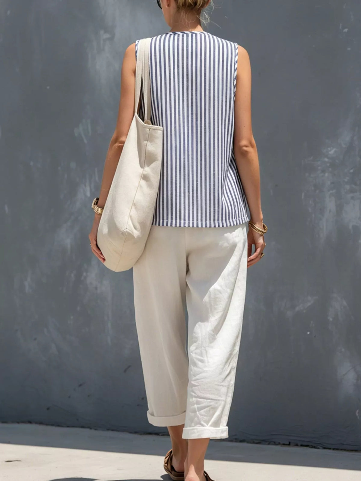 Striped Button Down Vest and Pants Set