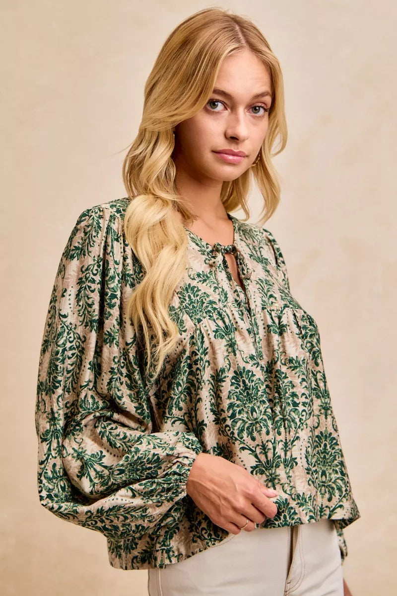 BiBi Printed Woven Front Tied Blouse with Baloon Sleeve