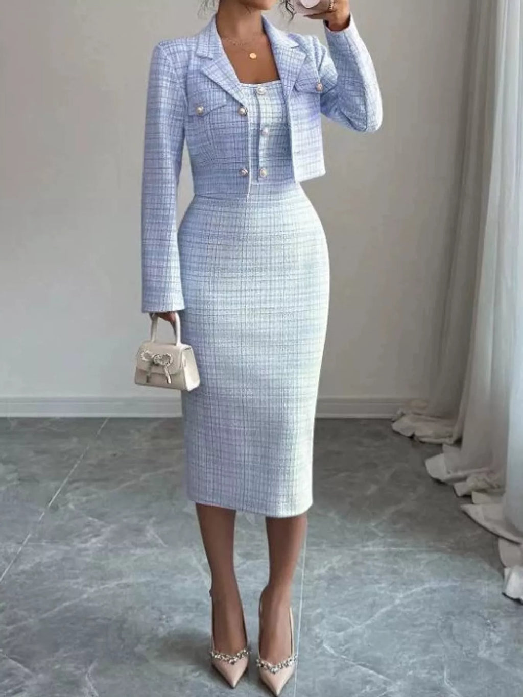 Tweed Square Neck Dress and Cardigan Set