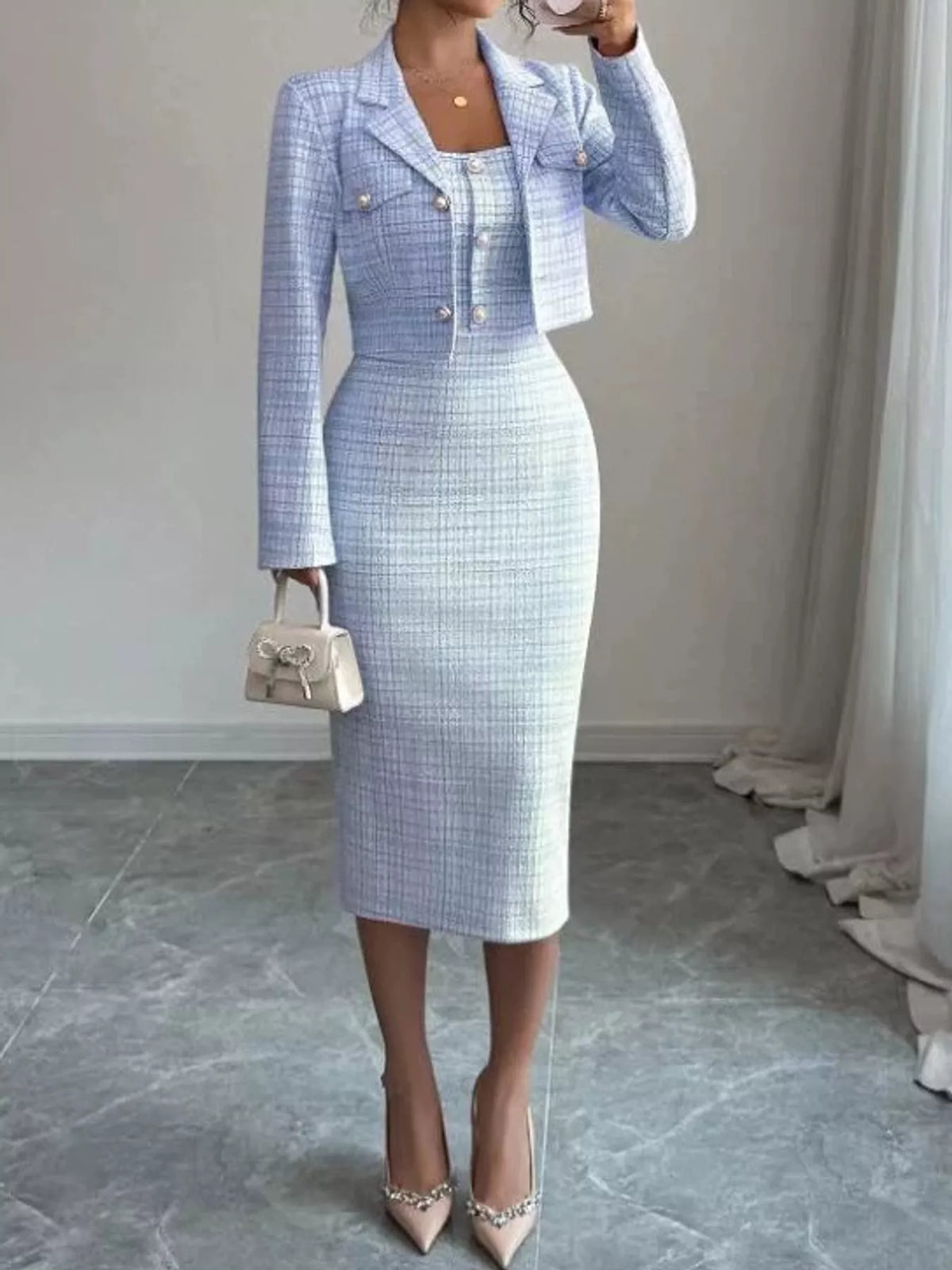 Tweed Square Neck Dress and Cardigan Set