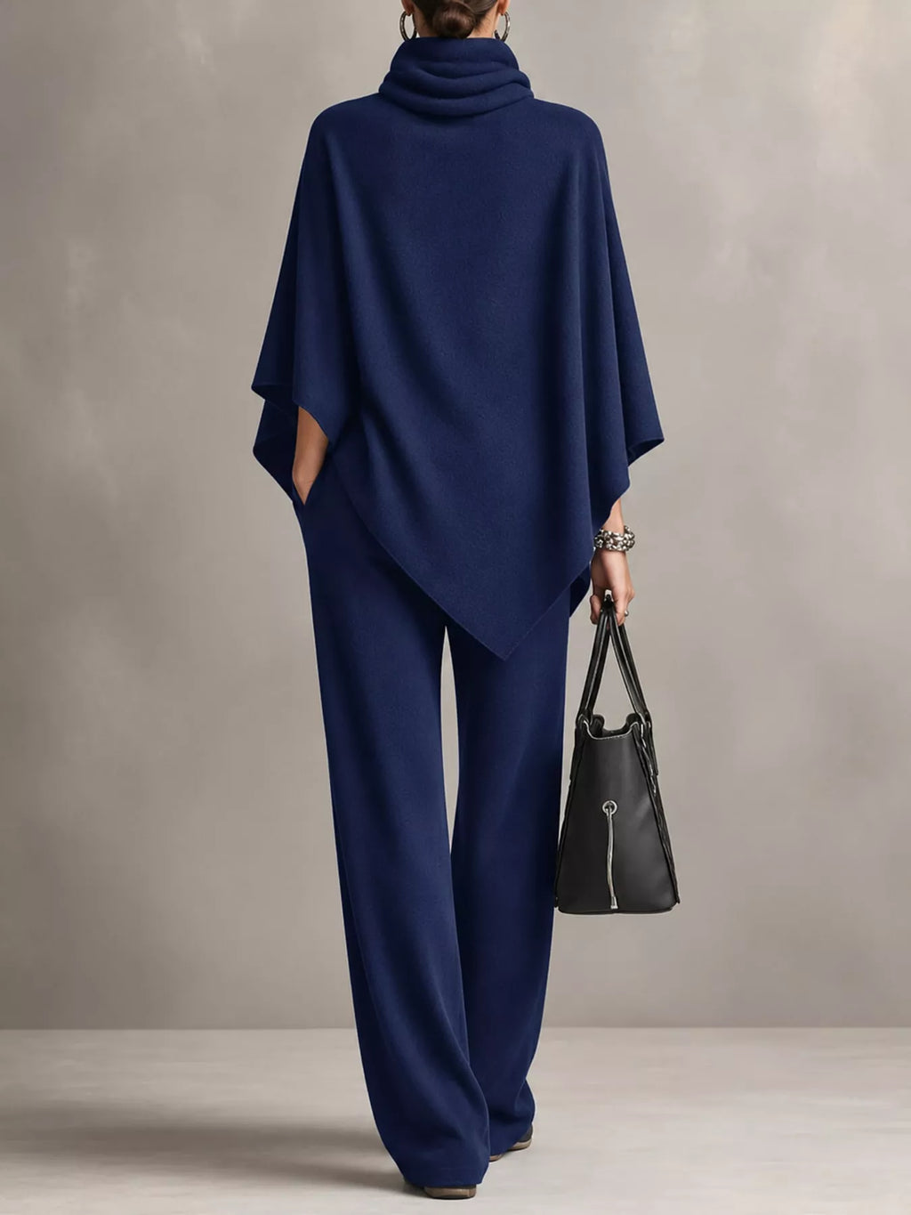 Full Size Turtleneck Poncho and Wide-Leg Pants Set Plus Size