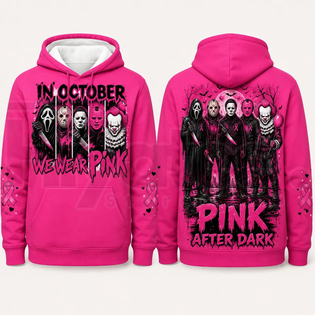Pink Horror October Hoodie – In October We Wear Pink Scary Movie Character Pumpkin Bat Graphic Pullover