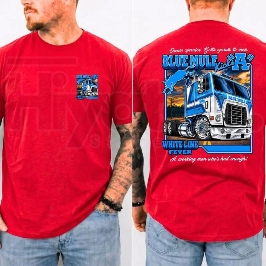 Blue Mule White Line Fever T-Shirt – Trucker Country Band Graphic Tee