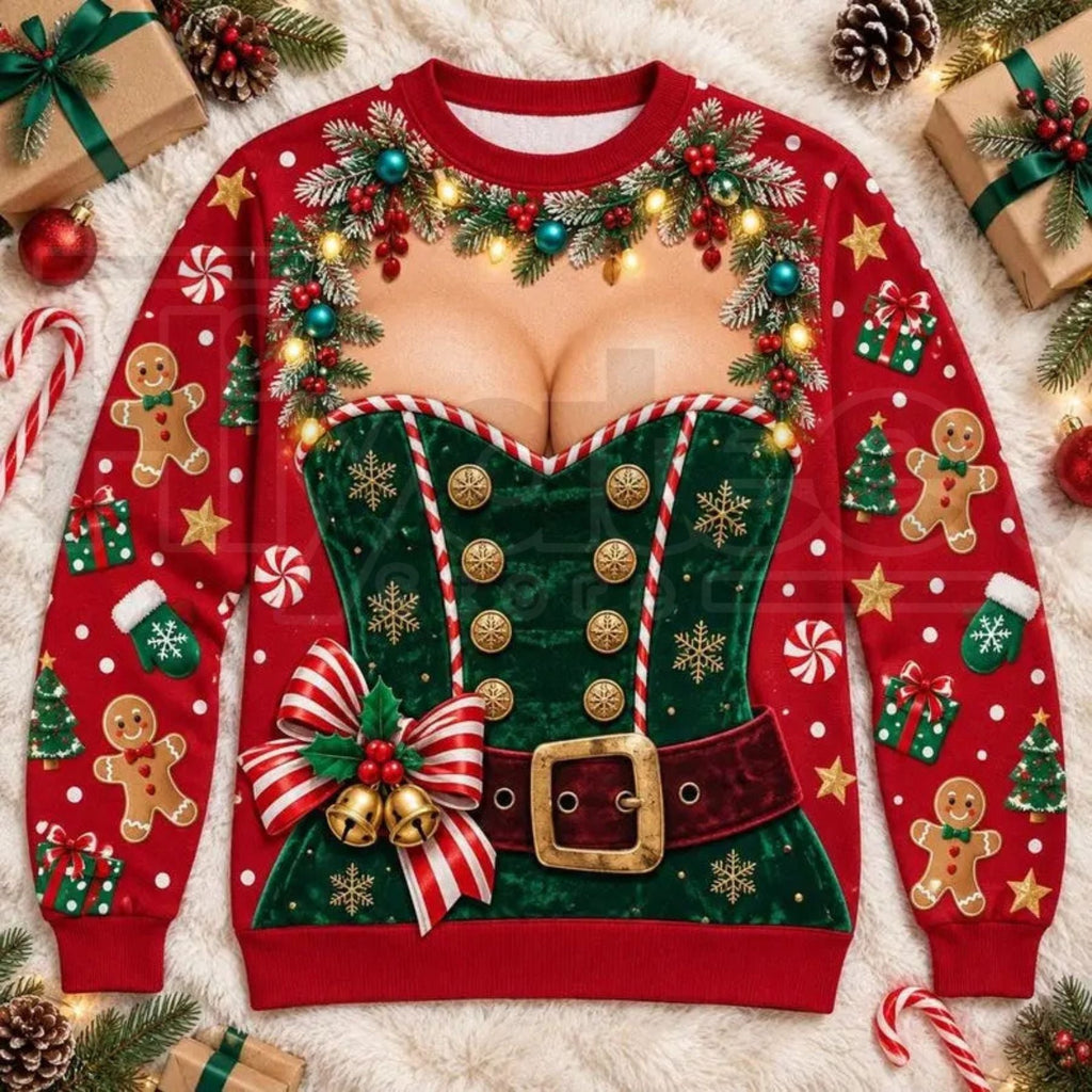 Funny 3D Print Fake Chest Ugly Christmas Sweater – Novelty Holiday Pullover