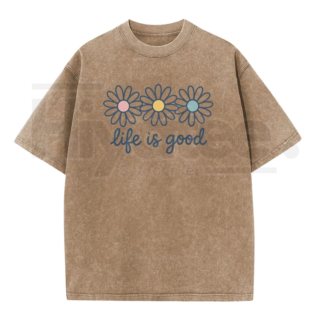 Holafish Acid Wash Daisy Print T-Shirt – Vintage Streetwear Drop Shoulder Graphic Tee