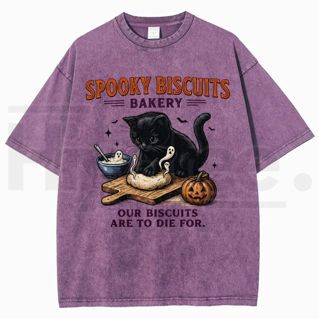 Men's Spooky Biscuits Black Cat Halloween T-Shirt – Vintage Brown Acid-Wash Oversized Cotton Tee