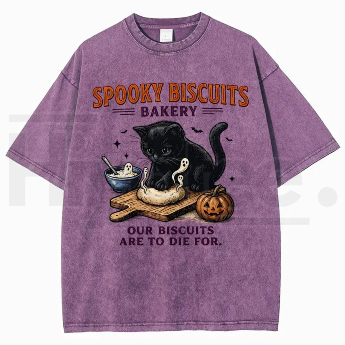 Men's Spooky Biscuits Black Cat Halloween T-Shirt – Vintage Brown Acid-Wash Oversized Cotton Tee