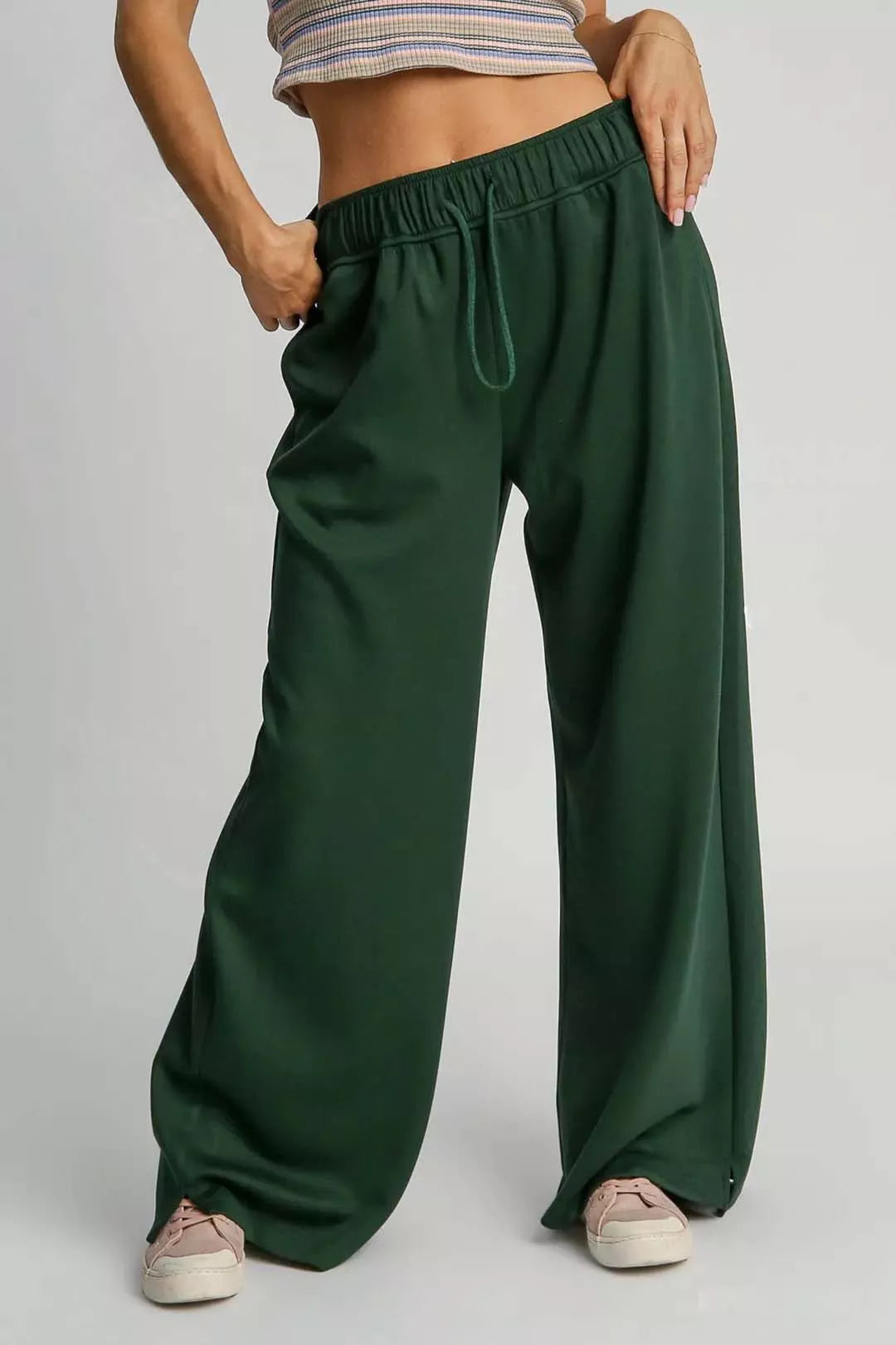 Umgee Elastic Drawstring Waistband Wide Leg Pants