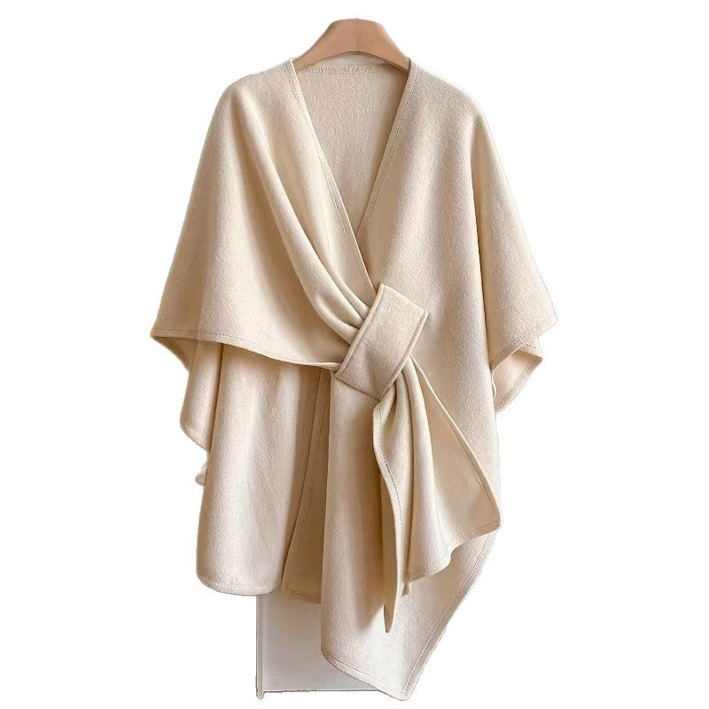 Faux Fur Collar Pom Pom Knitted Cardigan Cape - Women's Warm Winter Shawl Wrap Coat