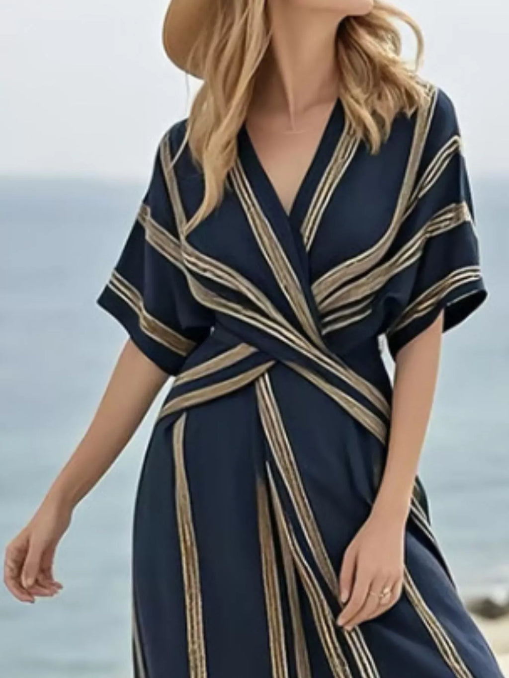 Full Size Striped Surplice Half Sleeve Midi Dress Plus Size