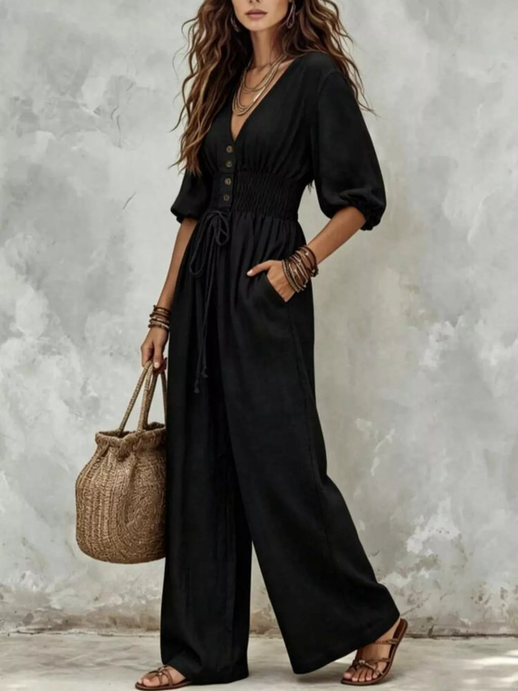 V-Neck Smocked Waist Wide-Leg Jumpsuit