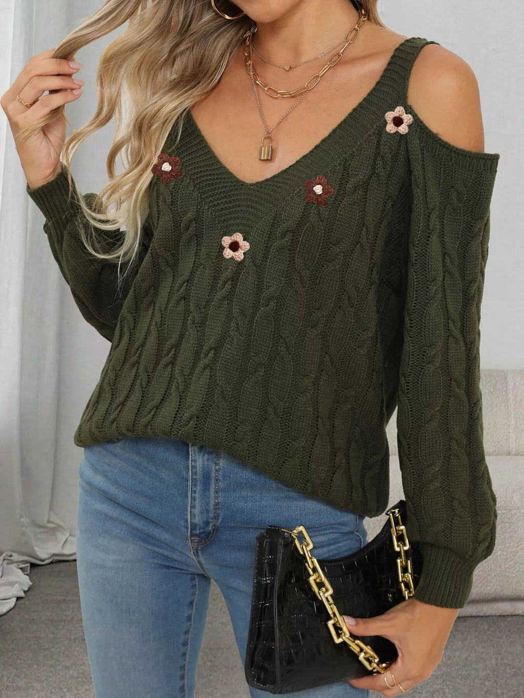 Floral Applique Cold Shoulder Cable Knit Sweater