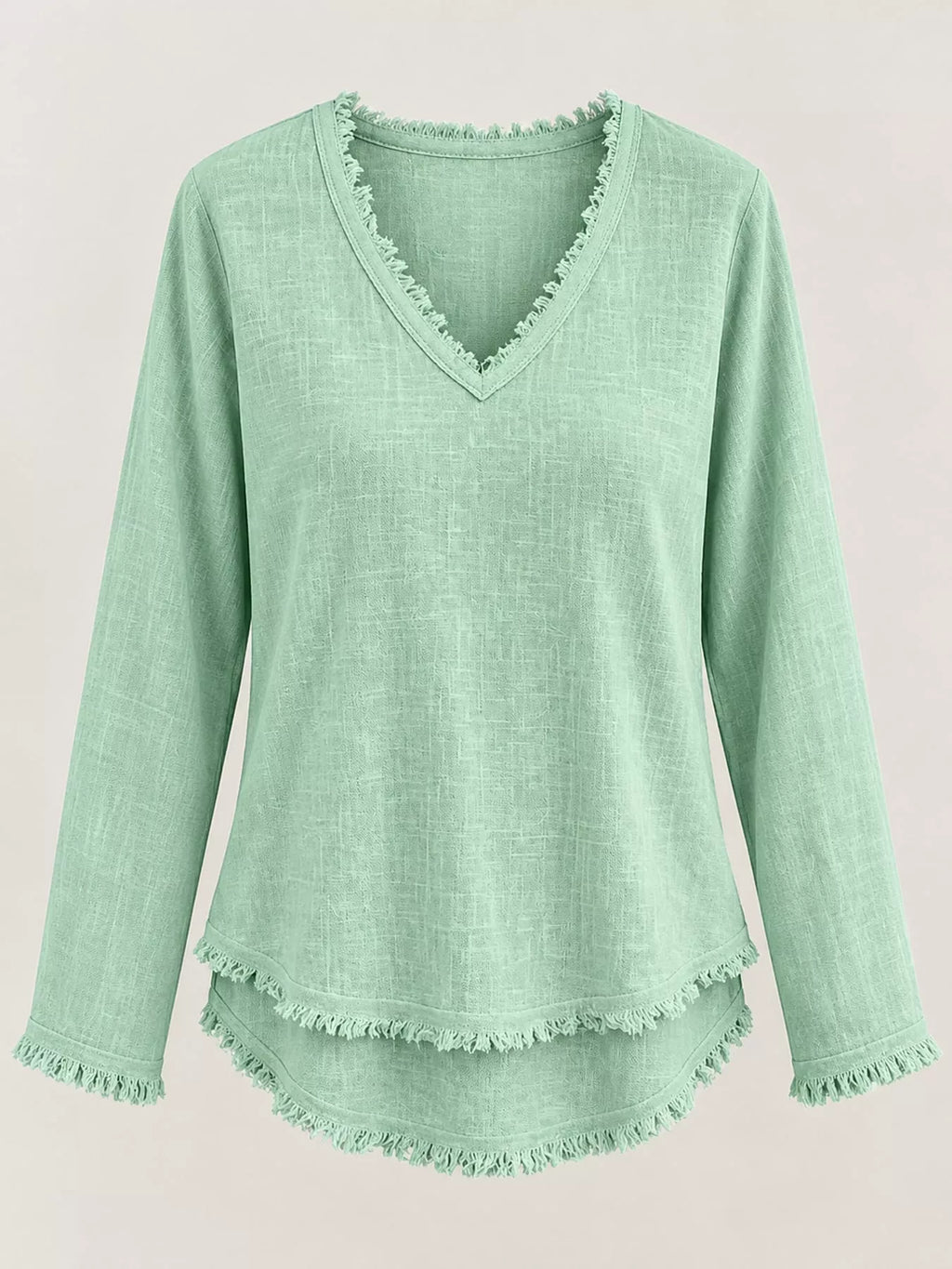 Full Size Frayed Hem V-Neck Long Sleeve Blouse Plus Size