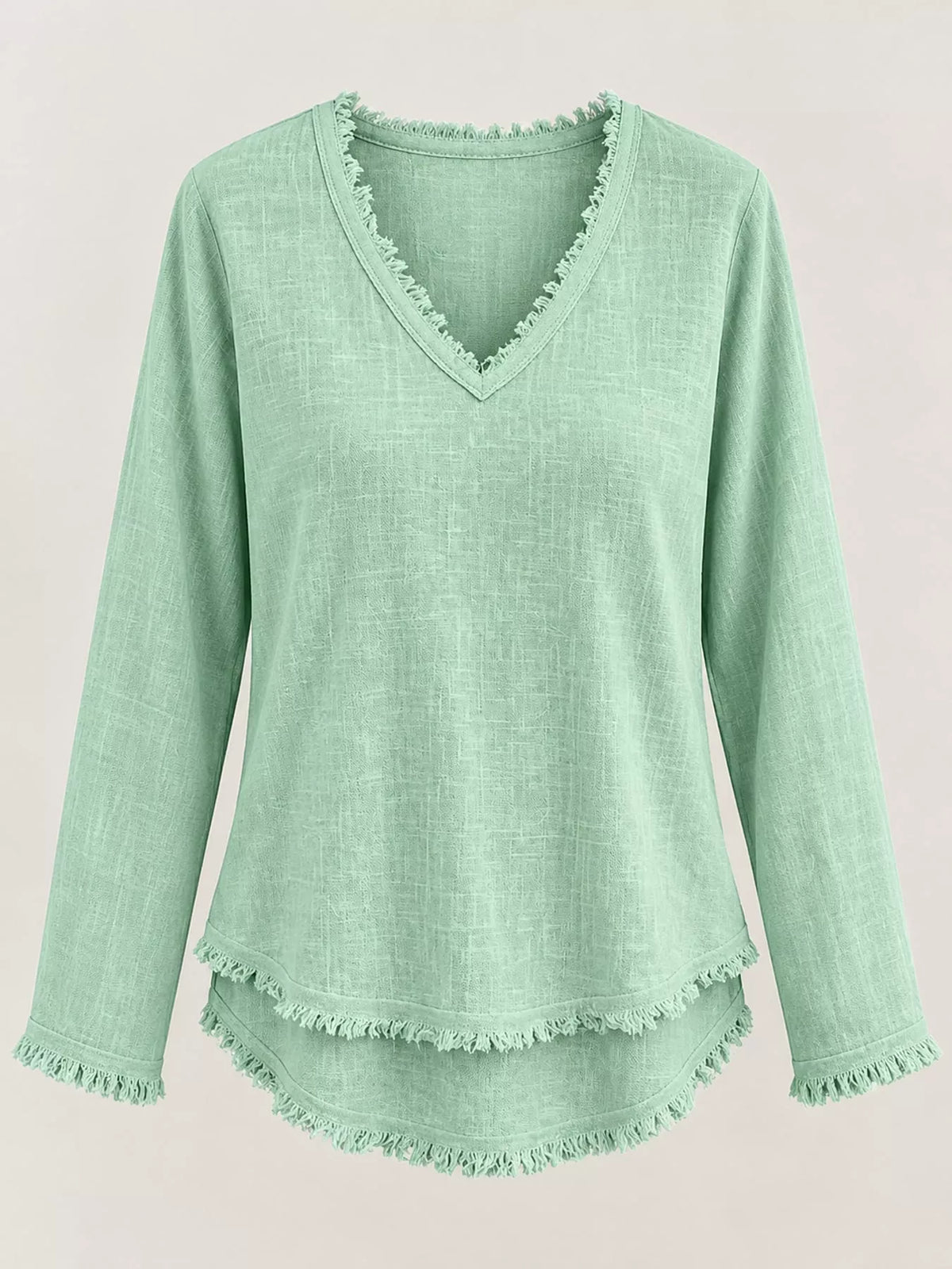 Full Size Frayed Hem V-Neck Long Sleeve Blouse Plus Size