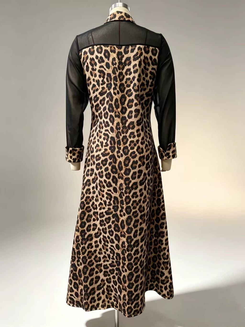 Full Size Leopard Print Sheer Mesh Panel Button-Down Maxi Dress Plus Size