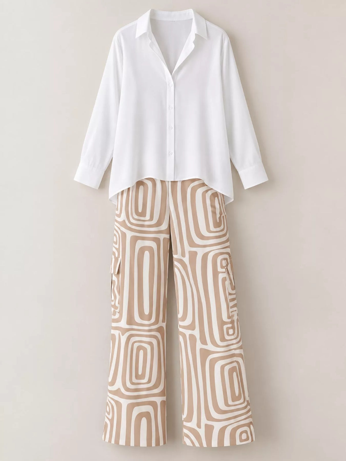 Full Size Chic Button-Down Shirt and Geometric Wide-Leg Pants Set Plus Size