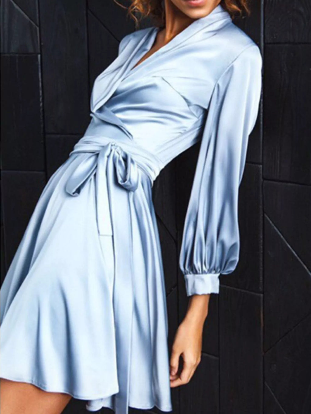 Satin Surplice Long Sleeve Mini Dress