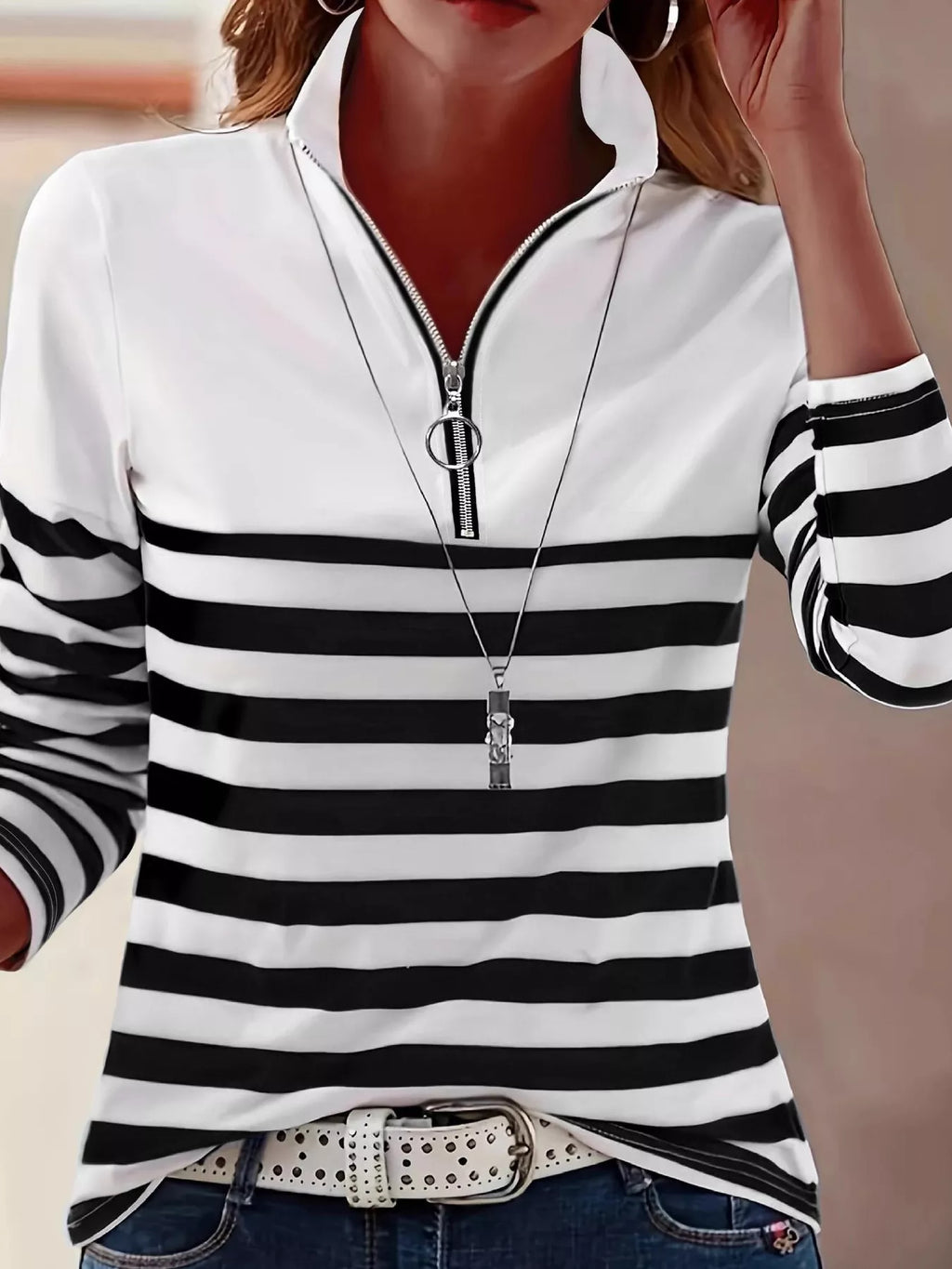 Quarter-Zip Striped Long Sleeve T-Shirt