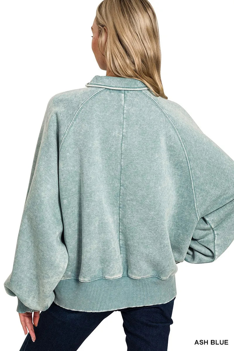 Zenana Acid Wash Fleece Collared Sweatshirt