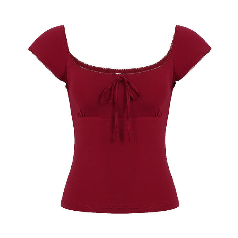Women's Lace Up Square Neck Slimming Short Sleeve Top