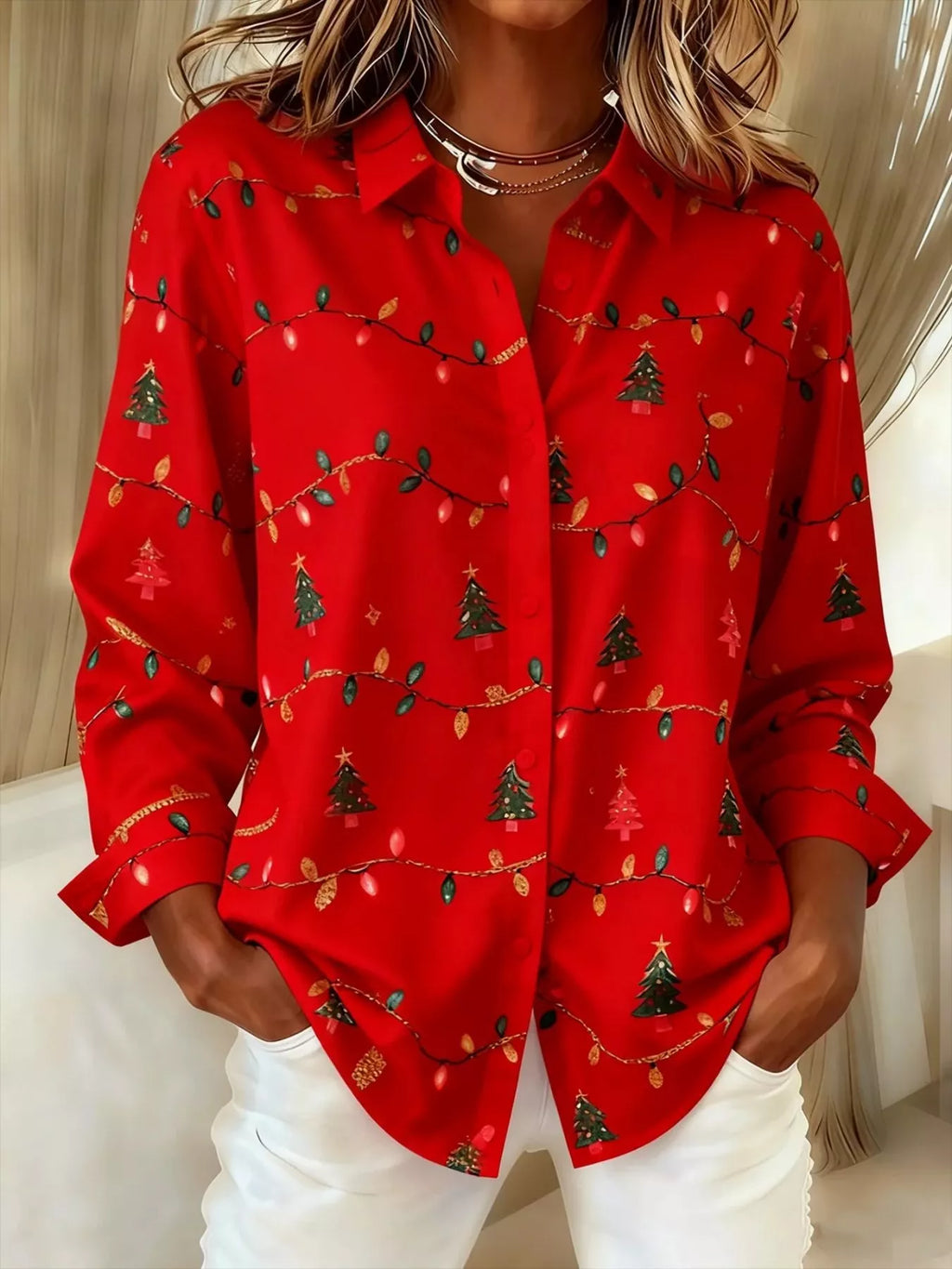 Full Size Christmas Tree Print Long Sleeve Button-Down Shirt Plus Size