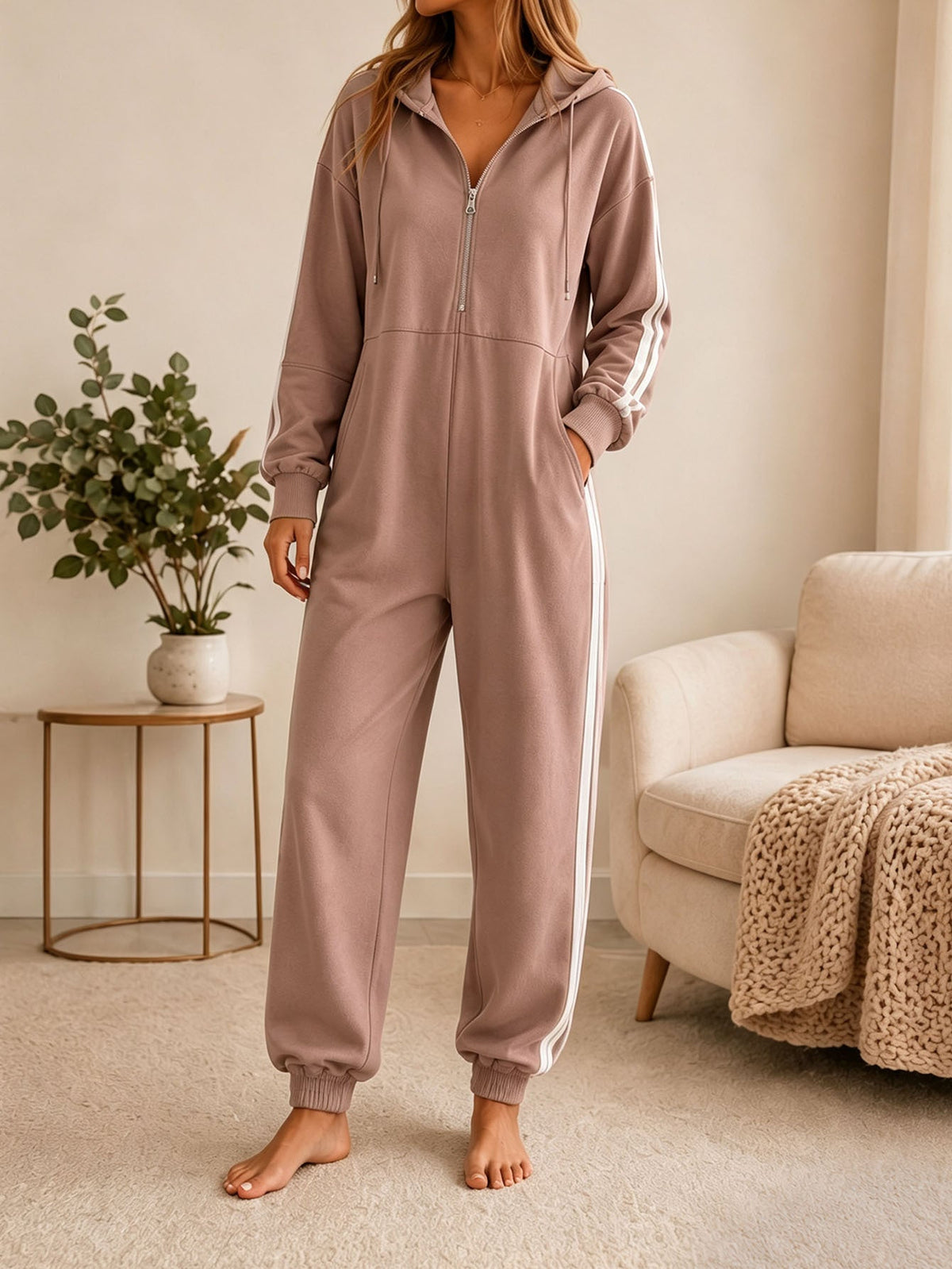 Women's Loose-fitting Hooded Zip-up Jumpsuit