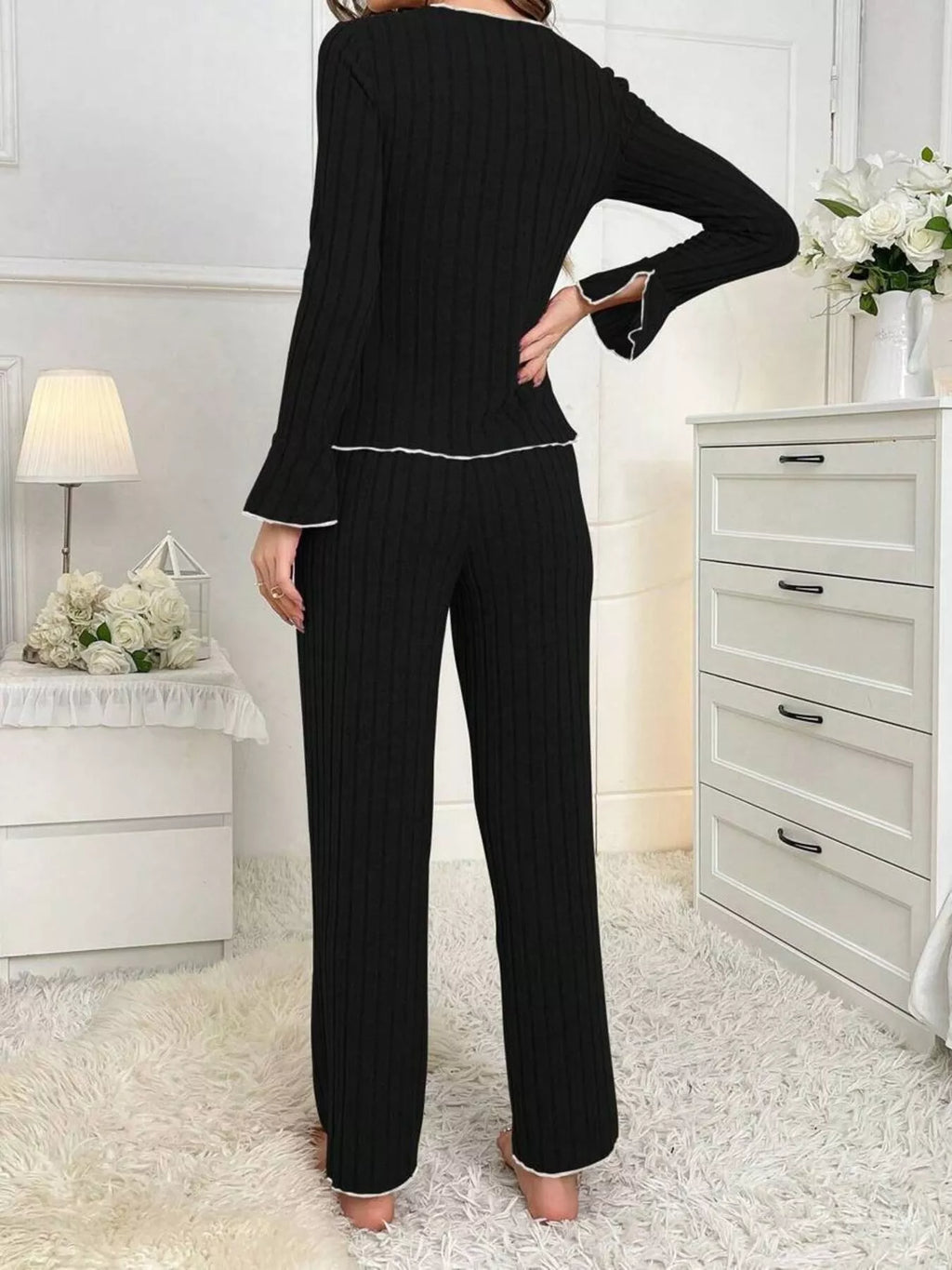Contrast Bow Detail Top and Pants Lounge Set