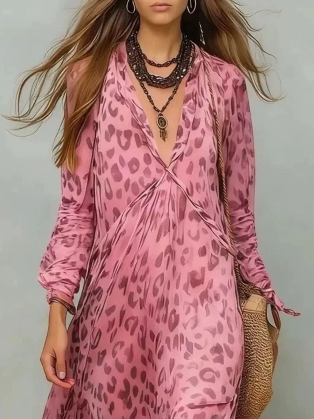 Full Size Leopard Print V-Neck Maxi Dress Plus Size