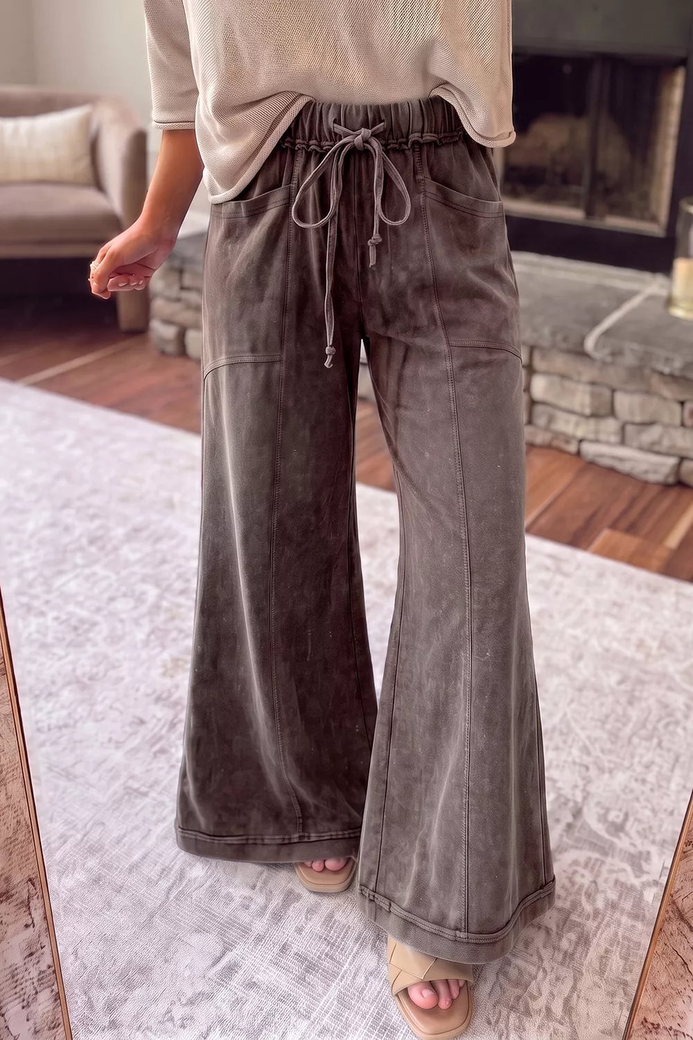 Washed Wide-Leg Drawstring Pants