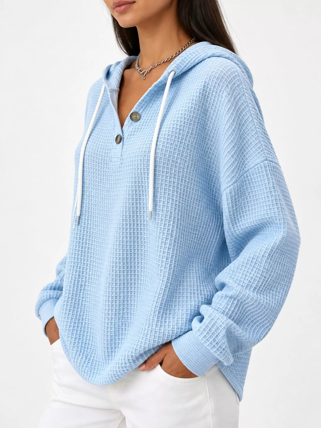 Full Size Waffle Knit Button Detail Hoodie Plus Size