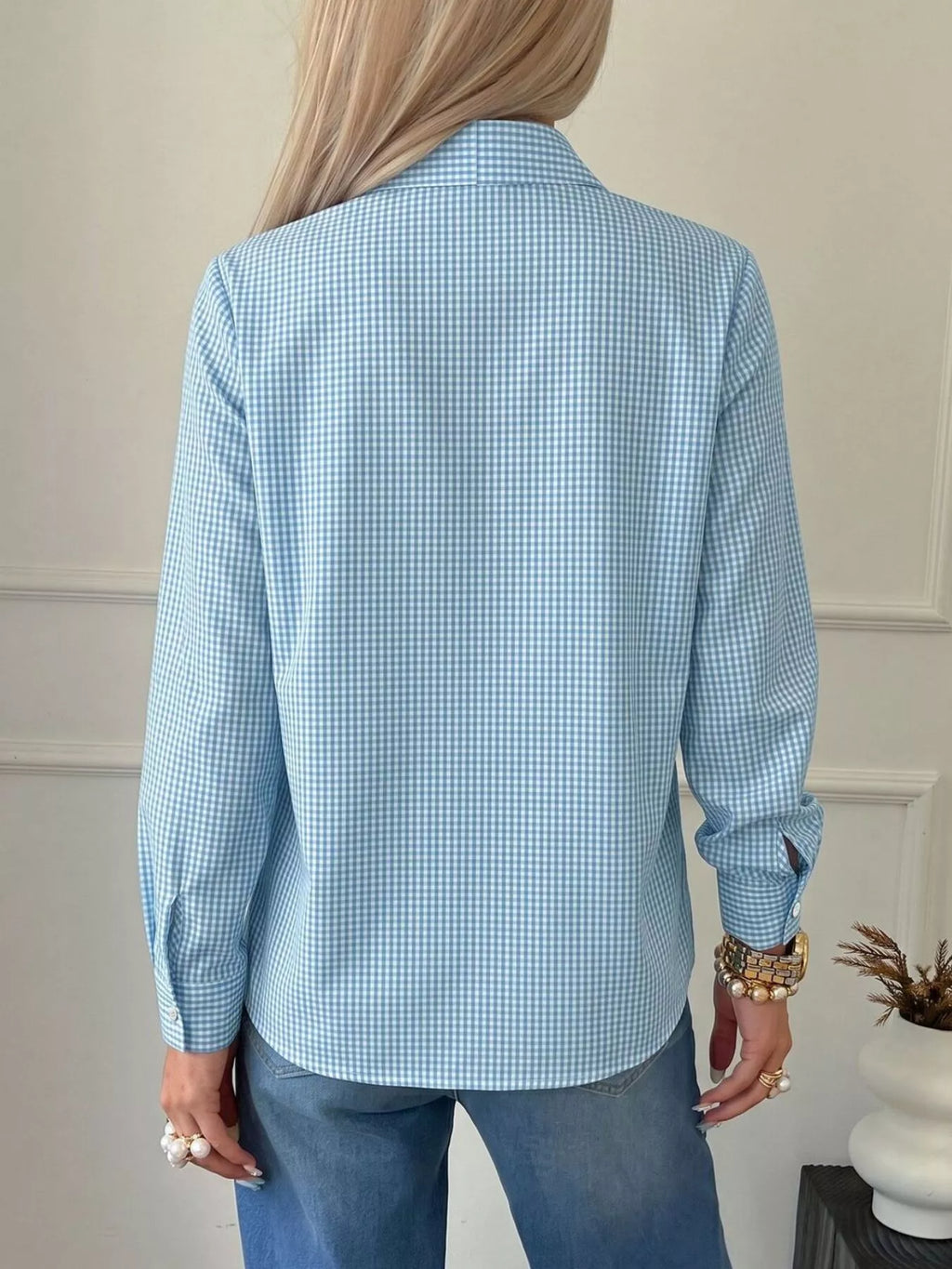 Gingham Bow-Tie Neck Long Sleeve Shirt