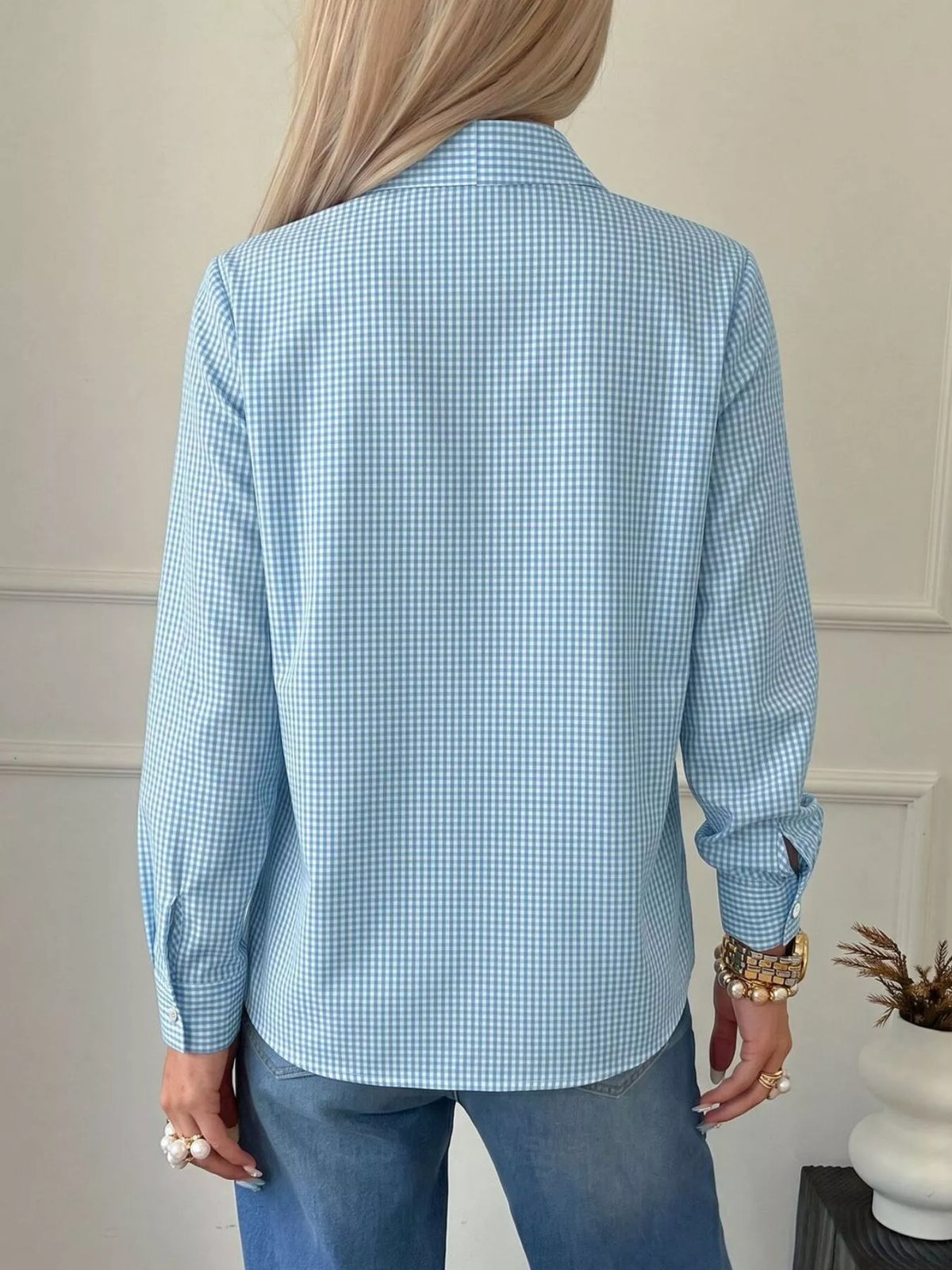 Gingham Bow-Tie Neck Long Sleeve Shirt