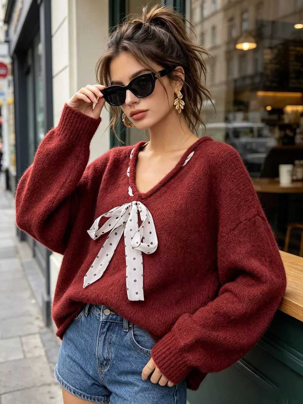 Chic V-Neck Sweater with Polka Dot Ribbon Tie