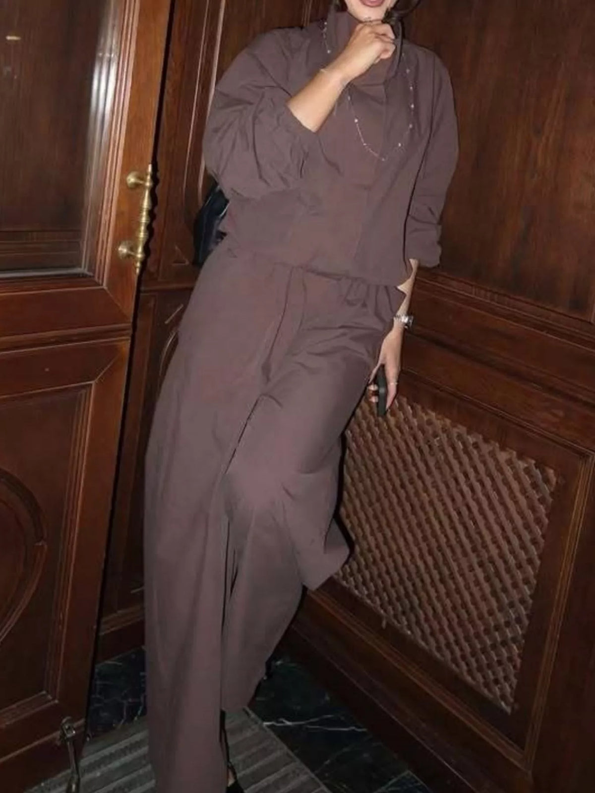 Drawstring Hem Crop Jacket and Wide-Leg Pant Set