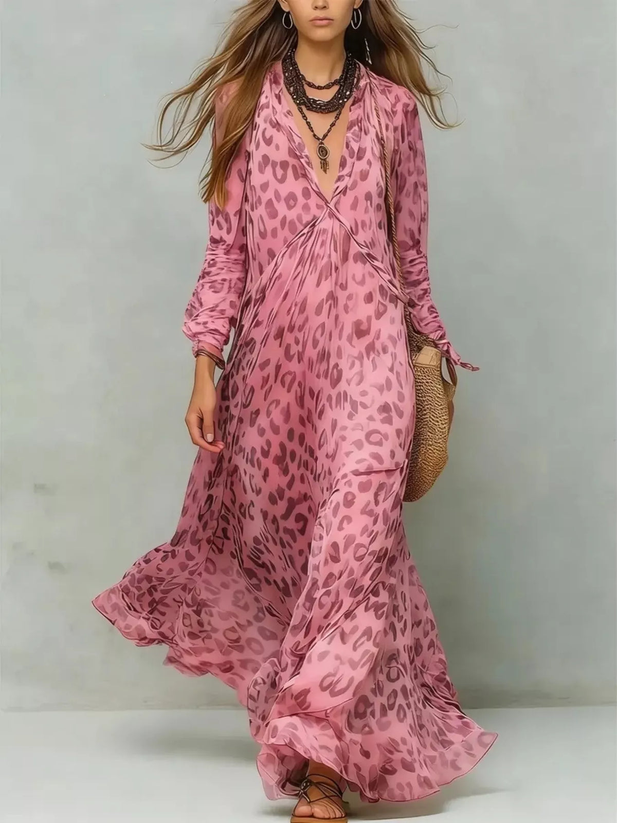 Full Size Leopard Print V-Neck Maxi Dress Plus Size