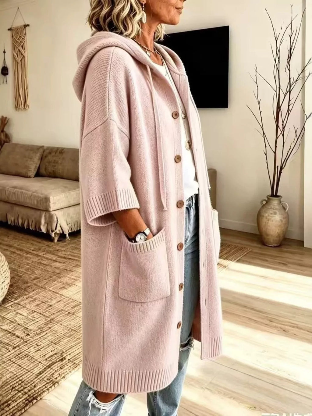 Hooded Button-Down Knit Cardigan with Pockets