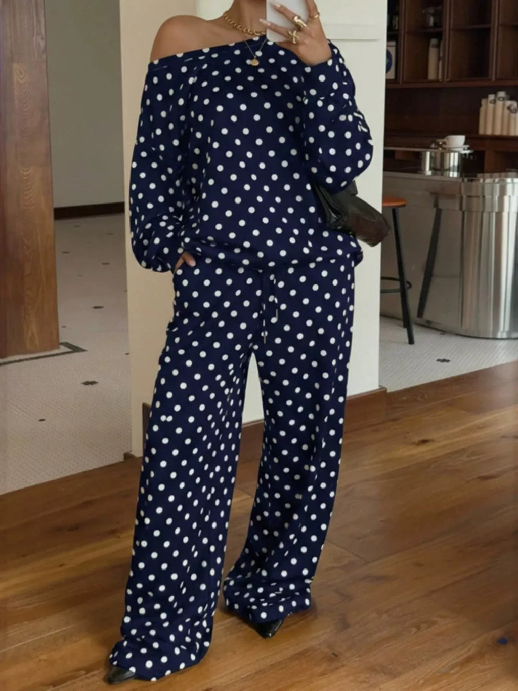 Polka Dot Long Sleeve Top and Pants Set