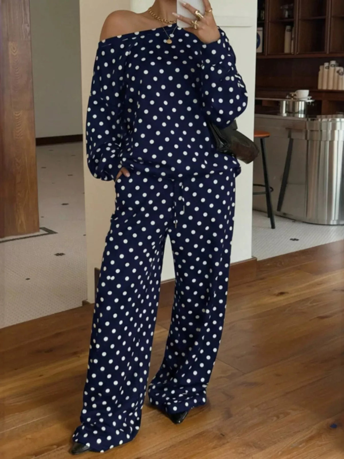 Polka Dot Long Sleeve Top and Pants Set
