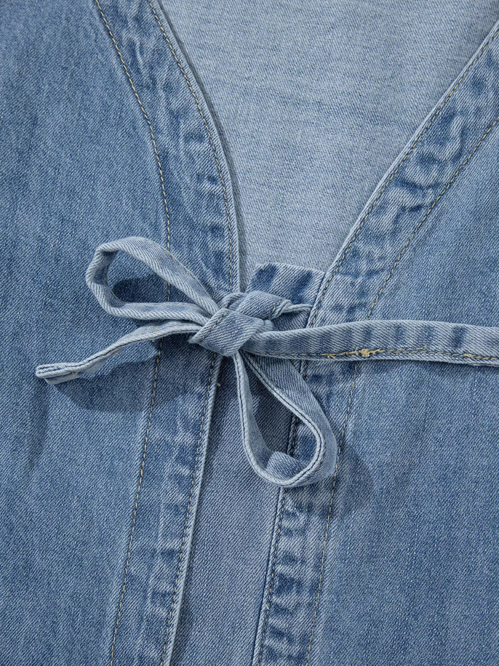 Tied Front Puff Sleeve Denim Top