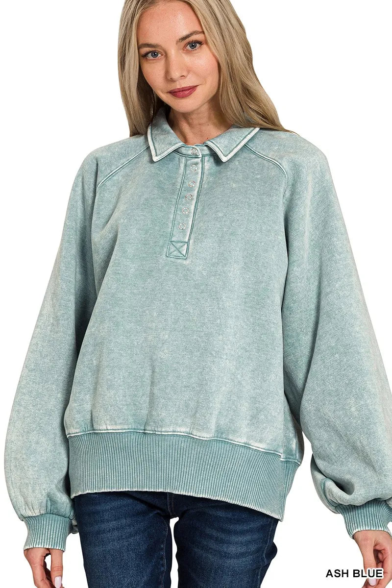 Zenana Acid Wash Fleece Collared Sweatshirt