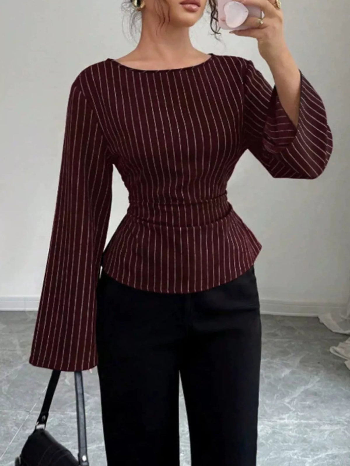 Elegant Pinstriped Bell Sleeve Blouse with Back Lace Up