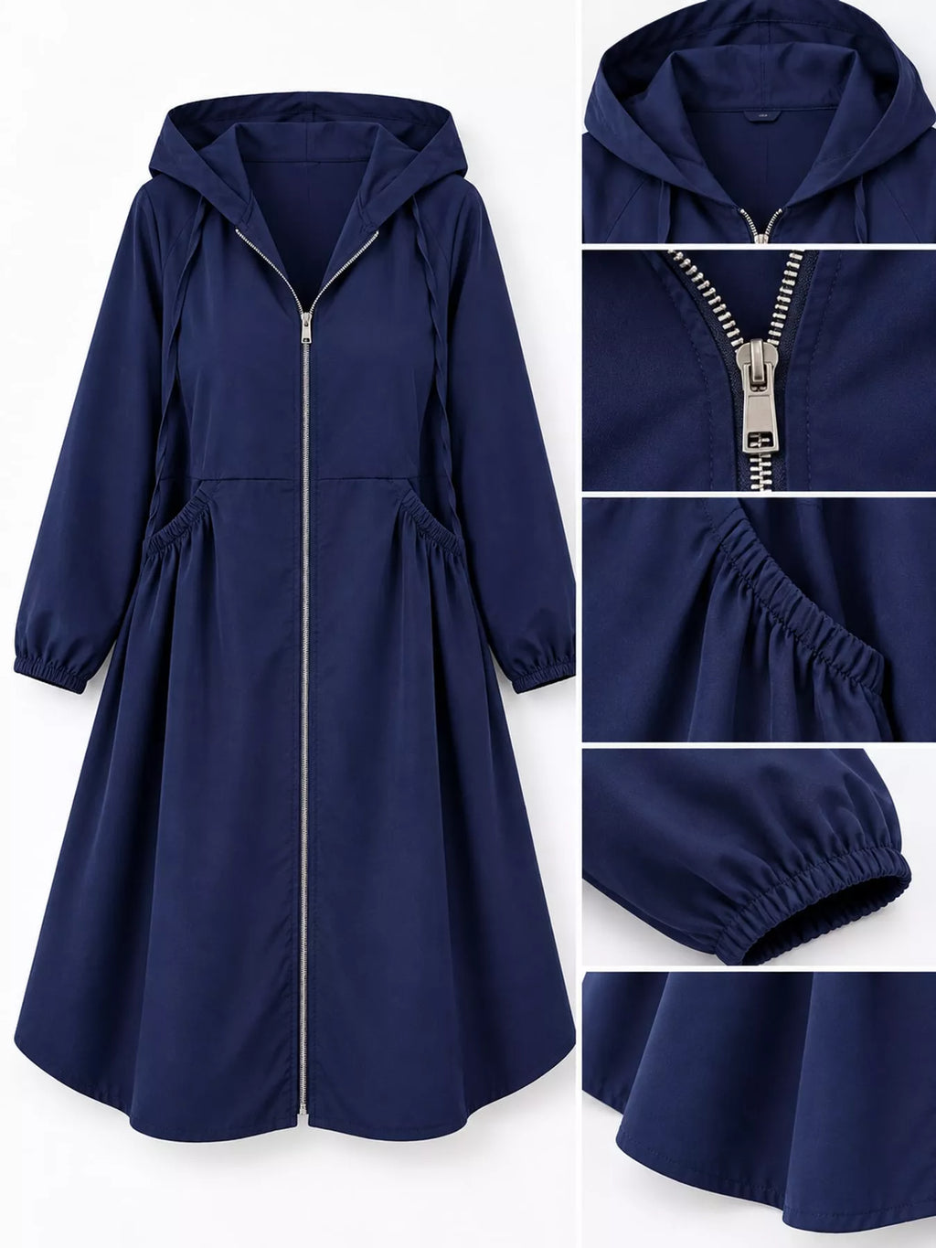 Plus Size Hooded Zip-Up Longline Windbreaker Outerwear