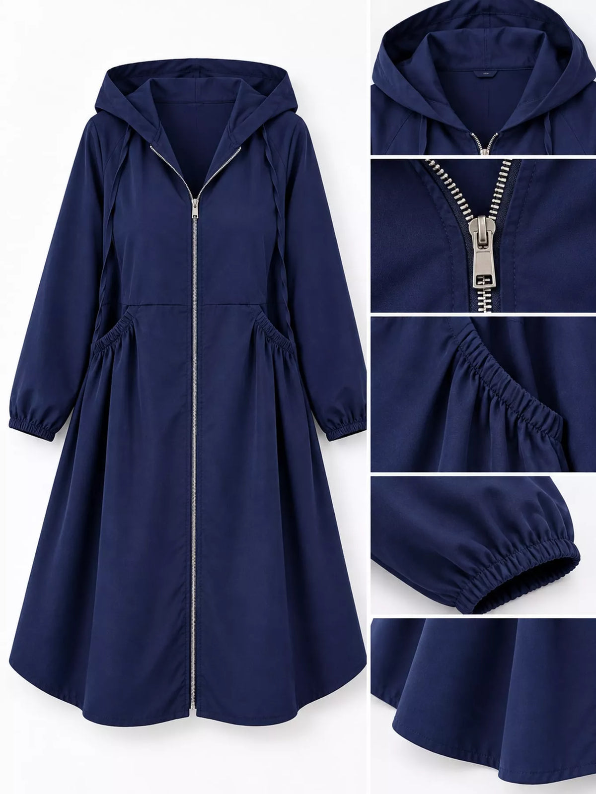 Plus Size Hooded Zip-Up Longline Windbreaker Outerwear