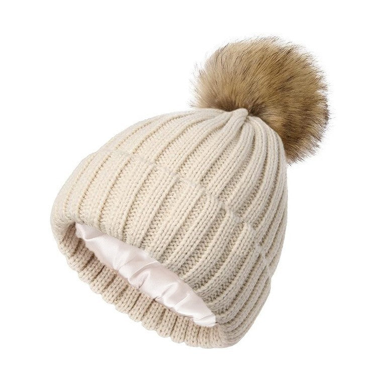Womens Solid-Color Brimmed Hat With Satin Pom-Pom