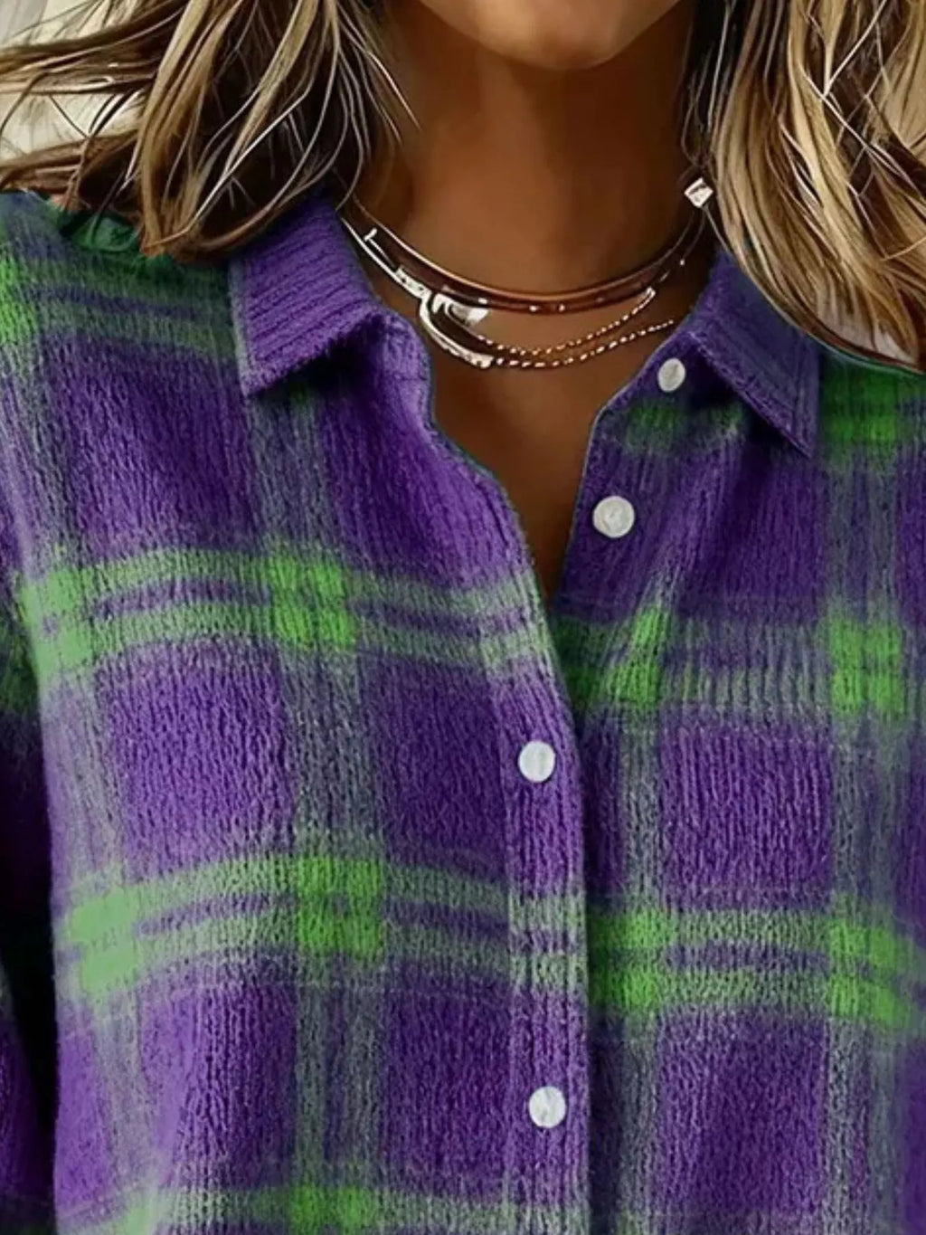 Full Size Plaid Button-Down Knit Cardigan Plus Size