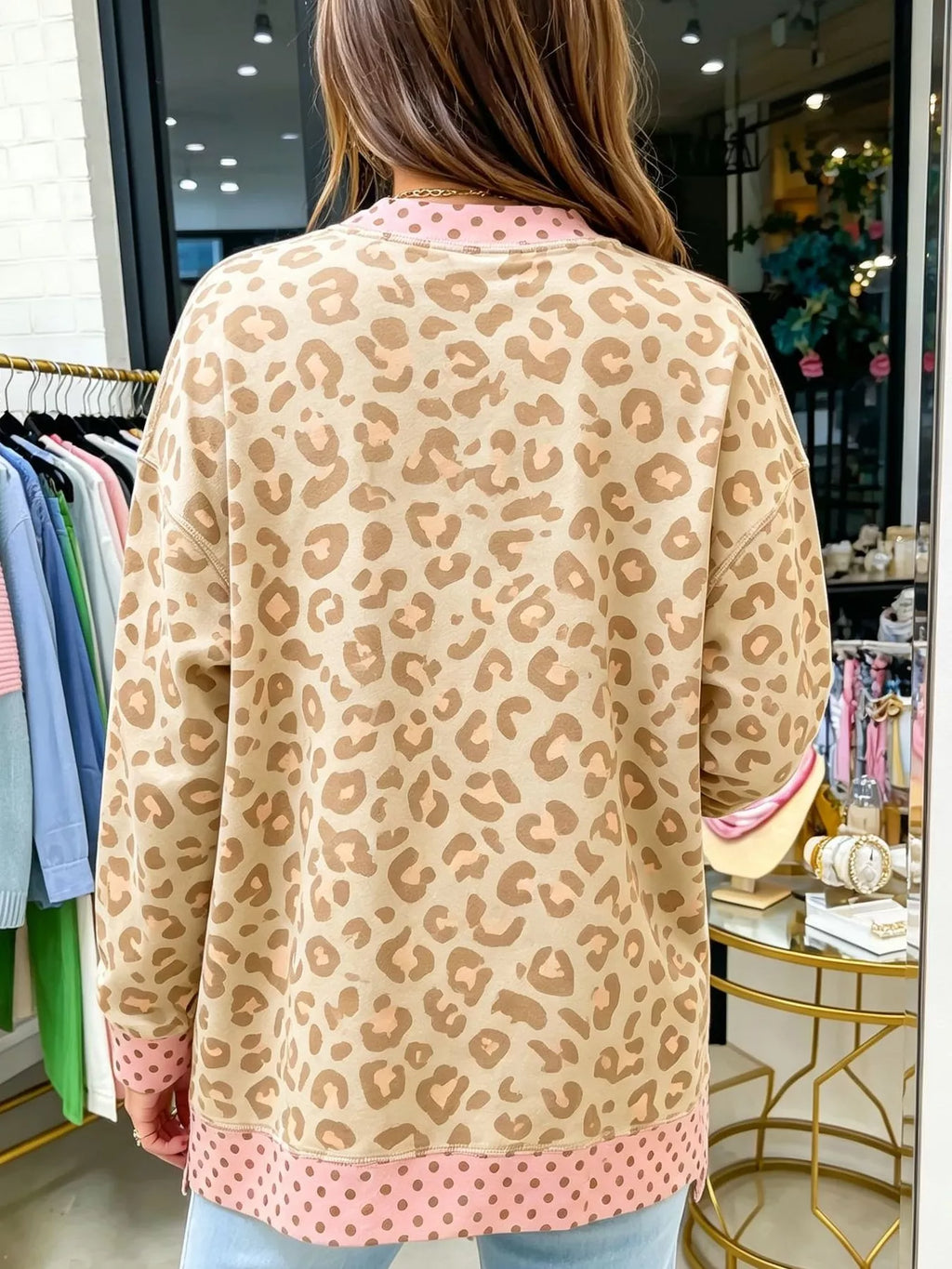 Side Slit Leopard Sweatshirt with Polka Dot Trim