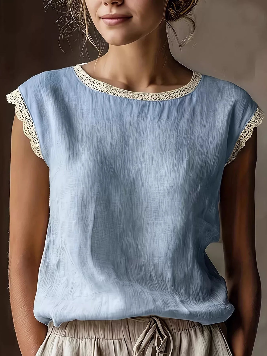 Lace Trim Round Neck Sleeveless Blouse